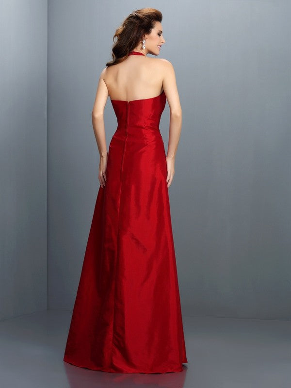 Vestido de noche de fiesta largo de tafetán sin mangas con cuello halter y cuentas de corte A/princesa