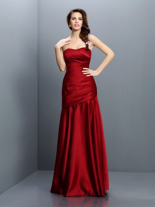 A-Line/Princess Strapless Ruched Sleeveless Long Satin Bridesmaid Dresses Evening Prom Dress