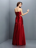 A-Line/Princess Strapless Ruched Sleeveless Long Satin Bridesmaid Dresses Evening Prom Dress