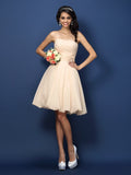A-Linie/Princess-Linie Trägerlos Handgemachte Blume Ärmellos Kurz Chiffon Brautjungfernkleider Homecoming Ballkleid