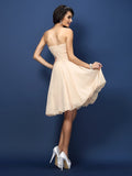 A-Linie/Princess-Linie Trägerlos Handgemachte Blume Ärmellos Kurz Chiffon Brautjungfernkleider Homecoming Ballkleid