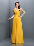 A-Line/Princess V-neck Pleats Sleeveless Long Chiffon Bridesmaid Dresses Evening Prom Dress