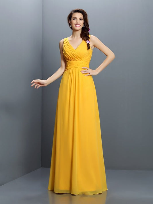 A-Line/Princess V-neck Pleats Sleeveless Long Chiffon Bridesmaid Dresses Evening Prom Dress