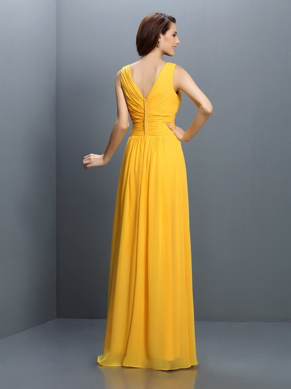 A-Line/Princess V-neck Pleats Sleeveless Long Chiffon Bridesmaid Dresses Evening Prom Dress