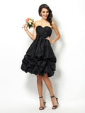 Vestido de dama de honor corto de tafetán, sin mangas, corte A/princesa, escote corazón, lazo y regreso a casa