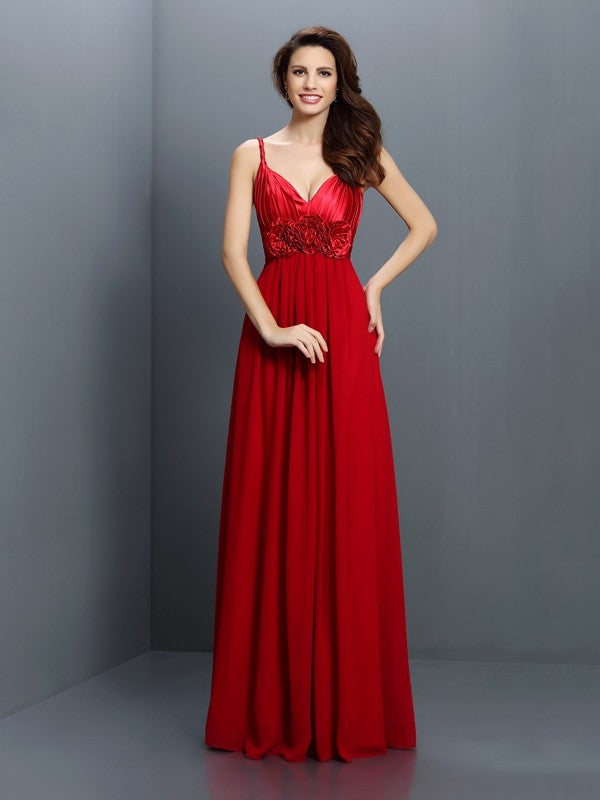 A-Line/Princess V-neck Hand-Made Flower Sleeveless Long Chiffon Bridesmaid Dresses Evening Prom Dress