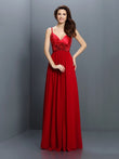 A-Line/Princess V-neck Hand-Made Flower Sleeveless Long Chiffon Bridesmaid Dresses Evening Prom Dress
