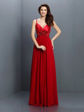 A-Line/Princess V-neck Hand-Made Flower Sleeveless Long Chiffon Bridesmaid Dresses Evening Prom Dress