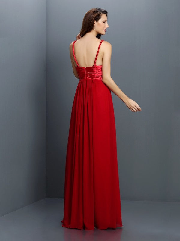 A-Line/Princess V-neck Hand-Made Flower Sleeveless Long Chiffon Bridesmaid Dresses Evening Prom Dress