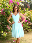 Vestido de dama de honor corto de gasa con tirantes tipo A/princesa, fruncido, sin mangas, para invitada de boda