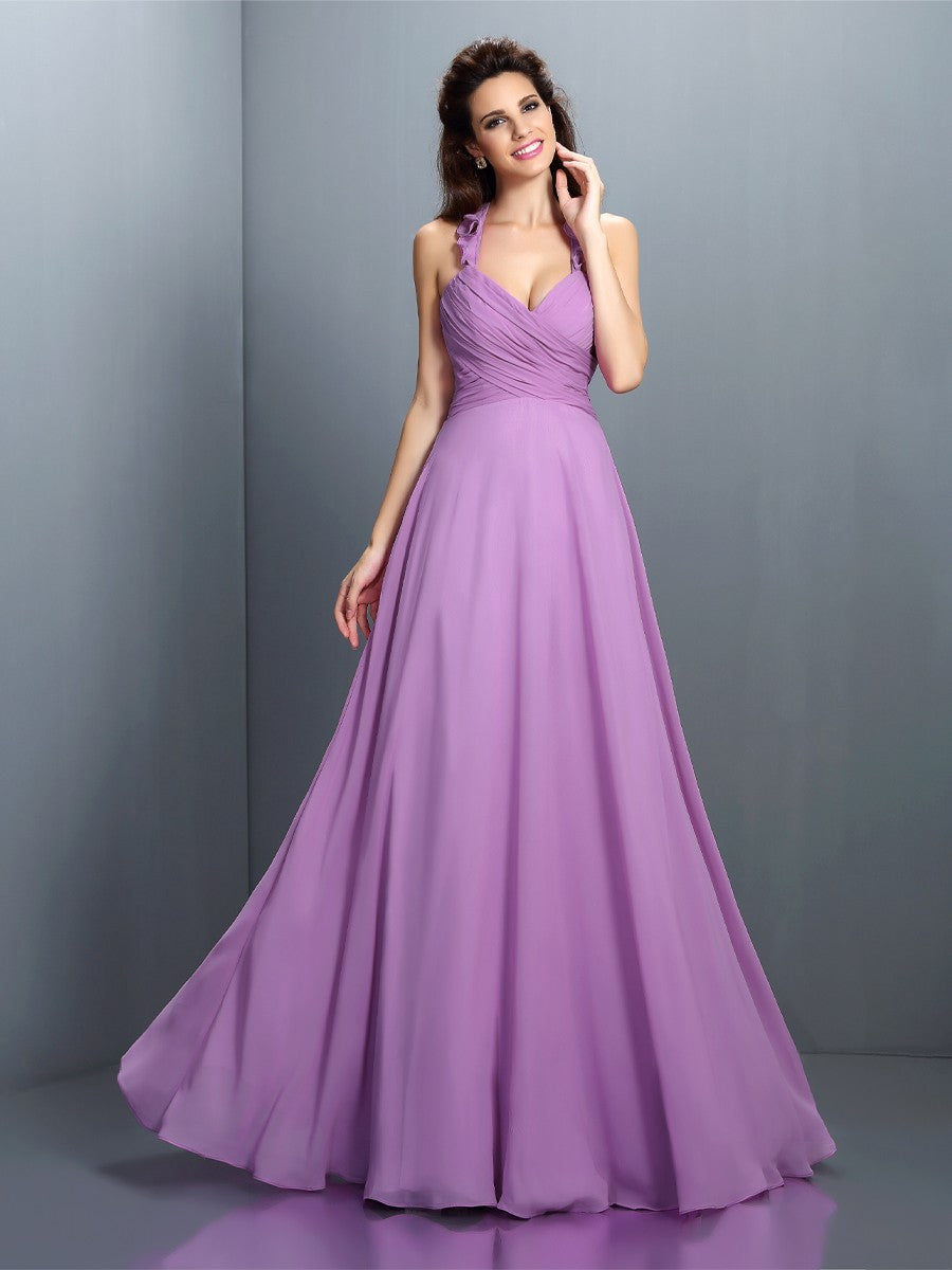 A-Line/Princess Halter Pleats Sleeveless Long Chiffon Bridesmaid Dresses Prom Evening Dress