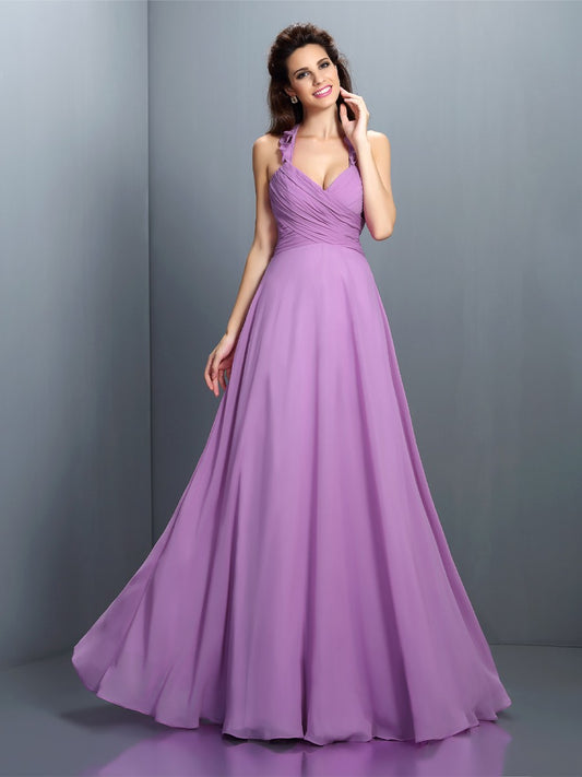 A-Line/Princess Halter Pleats Sleeveless Long Chiffon Bridesmaid Dresses Prom Evening Dress