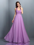 A-Line/Princess Halter Pleats Sleeveless Long Chiffon Bridesmaid Dresses Prom Evening Dress