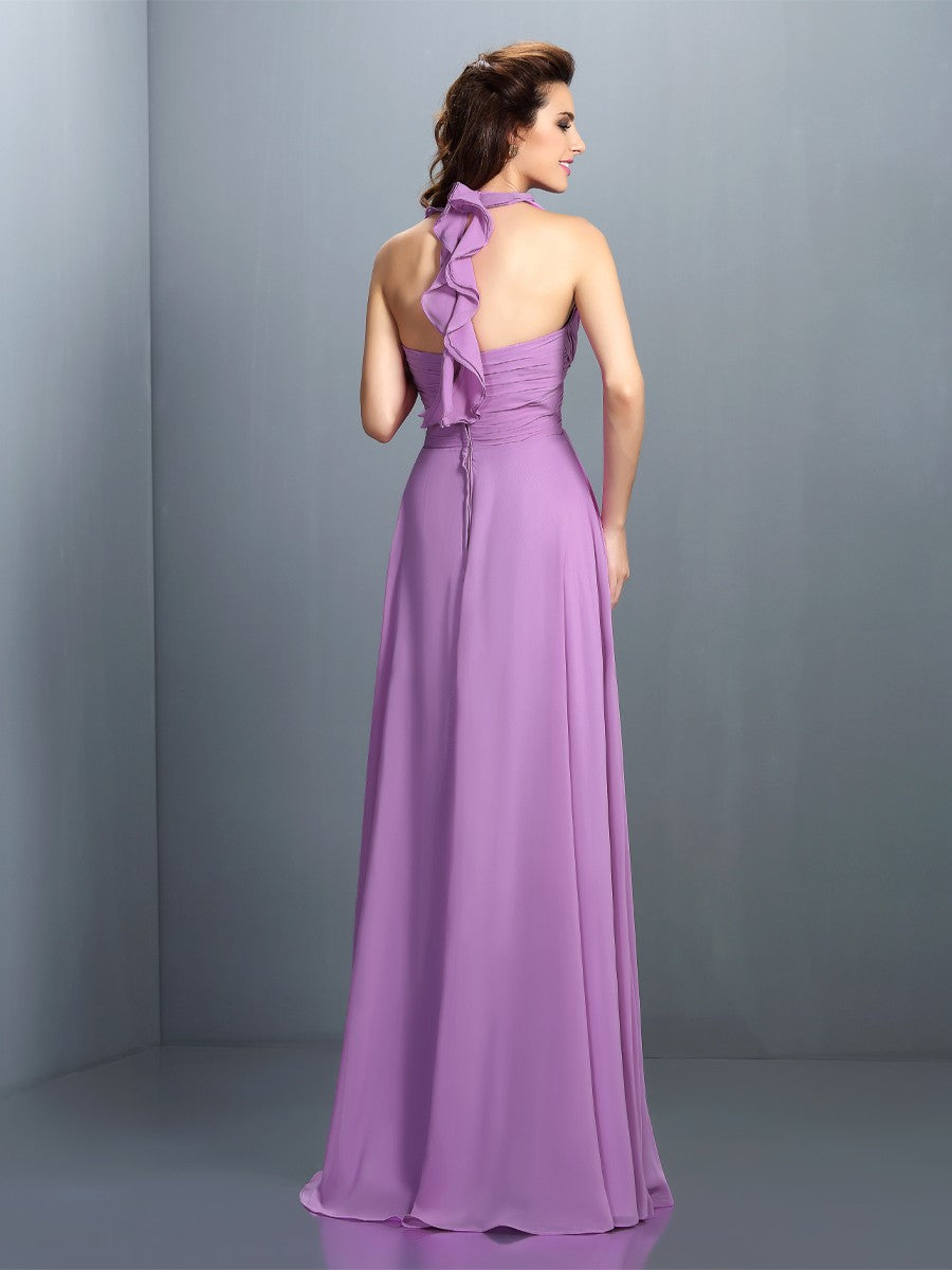 A-Line/Princess Halter Pleats Sleeveless Long Chiffon Bridesmaid Dresses Prom Evening Dress