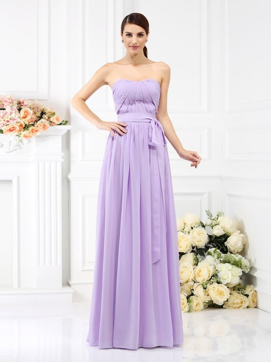 A-Line/Princess Strapless Sash/Ribbon/Belt Sleeveless Long Chiffon Bridesmaid Dresses Evening Prom Dress
