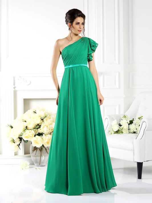 A-Line/Princess One-Shoulder Ruffles Sleeveless Long Chiffon Bridesmaid Dresses Evening Dress