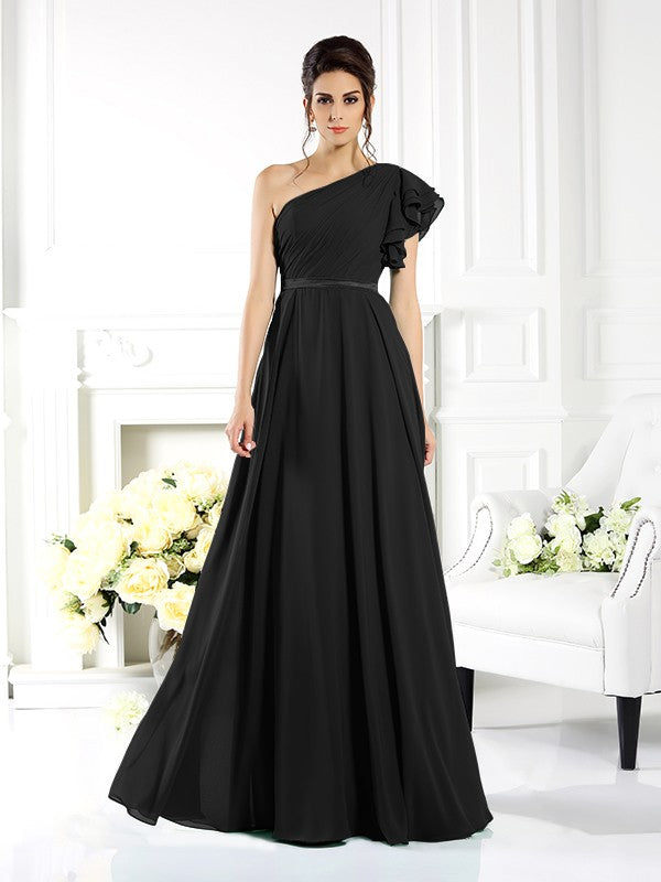 A-Line/Princess One-Shoulder Ruffles Sleeveless Long Chiffon Bridesmaid Dresses Evening Dress