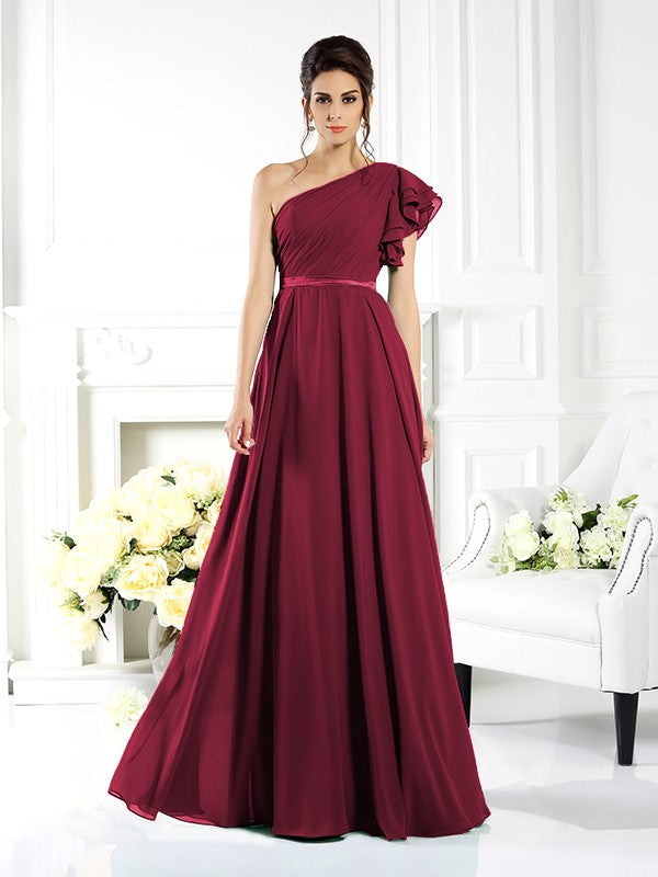 A-Line/Princess One-Shoulder Ruffles Sleeveless Long Chiffon Bridesmaid Dresses Evening Dress