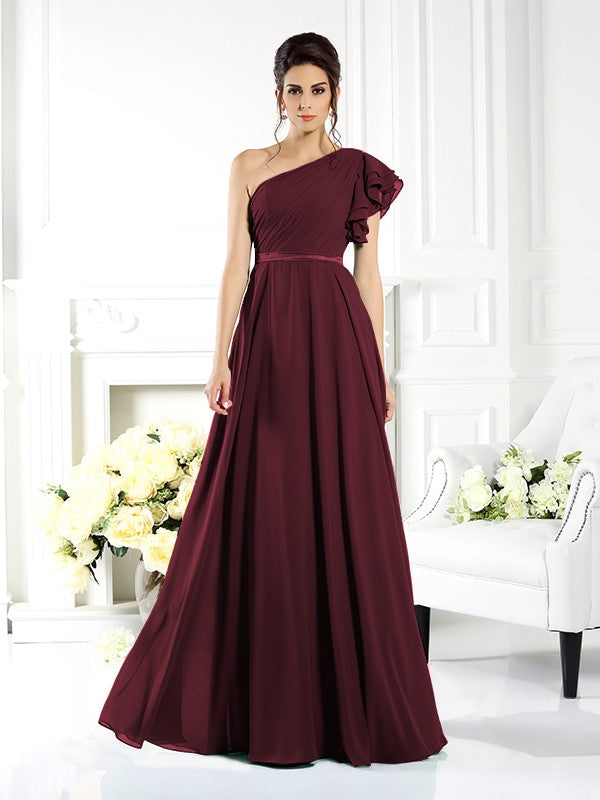 A-Line/Princess One-Shoulder Ruffles Sleeveless Long Chiffon Bridesmaid Dresses Evening Dress