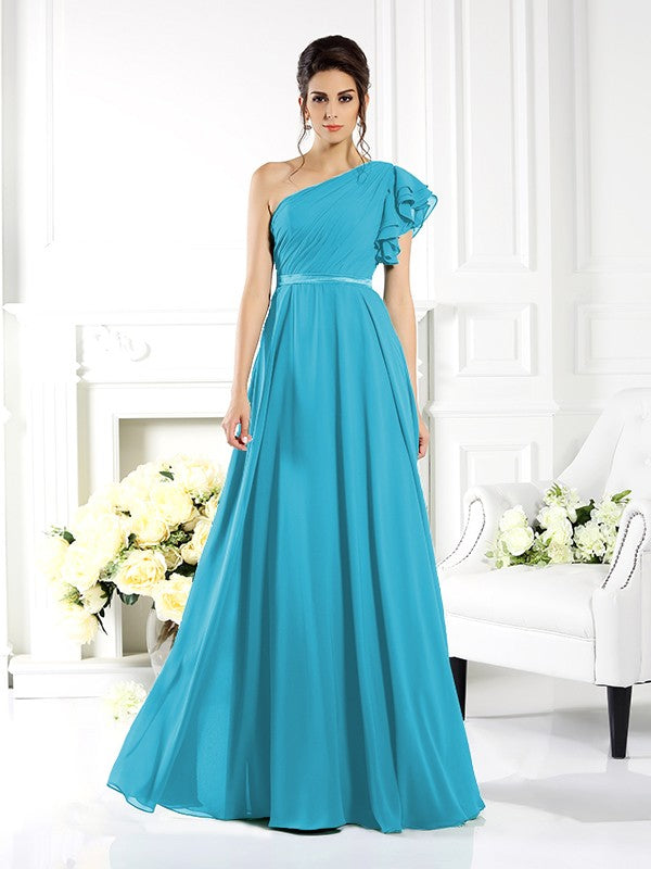 A-Line/Princess One-Shoulder Ruffles Sleeveless Long Chiffon Bridesmaid Dresses Evening Dress