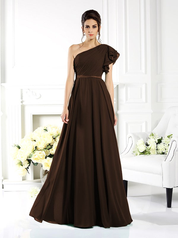 A-Line/Princess One-Shoulder Ruffles Sleeveless Long Chiffon Bridesmaid Dresses Evening Dress