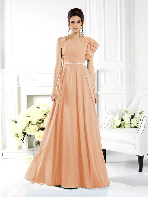 A-Line/Princess One-Shoulder Ruffles Sleeveless Long Chiffon Bridesmaid Dresses Evening Dress
