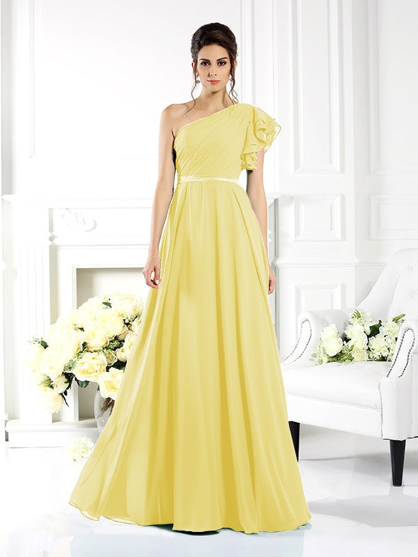 A-Line/Princess One-Shoulder Ruffles Sleeveless Long Chiffon Bridesmaid Dresses Evening Dress