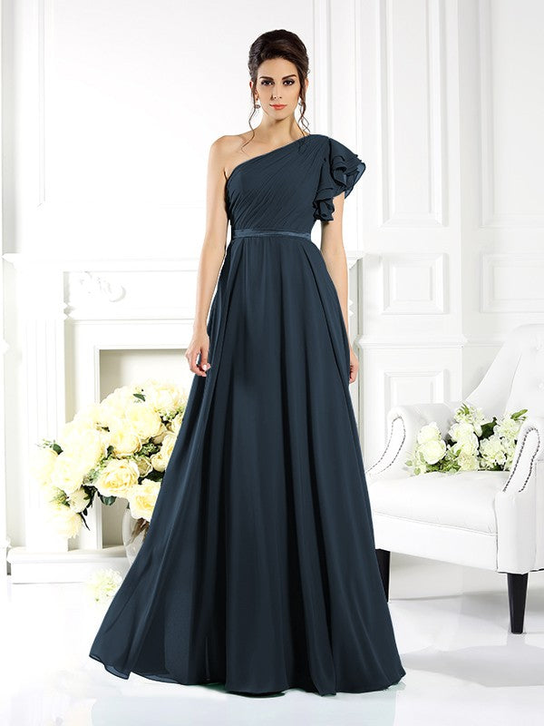 A-Line/Princess One-Shoulder Ruffles Sleeveless Long Chiffon Bridesmaid Dresses Evening Dress