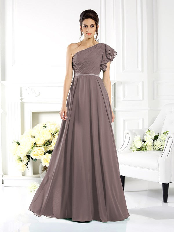 A-Line/Princess One-Shoulder Ruffles Sleeveless Long Chiffon Bridesmaid Dresses Evening Dress