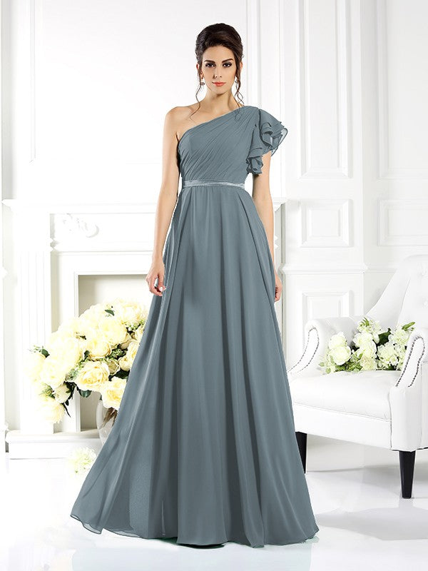A-Line/Princess One-Shoulder Ruffles Sleeveless Long Chiffon Bridesmaid Dresses Evening Dress