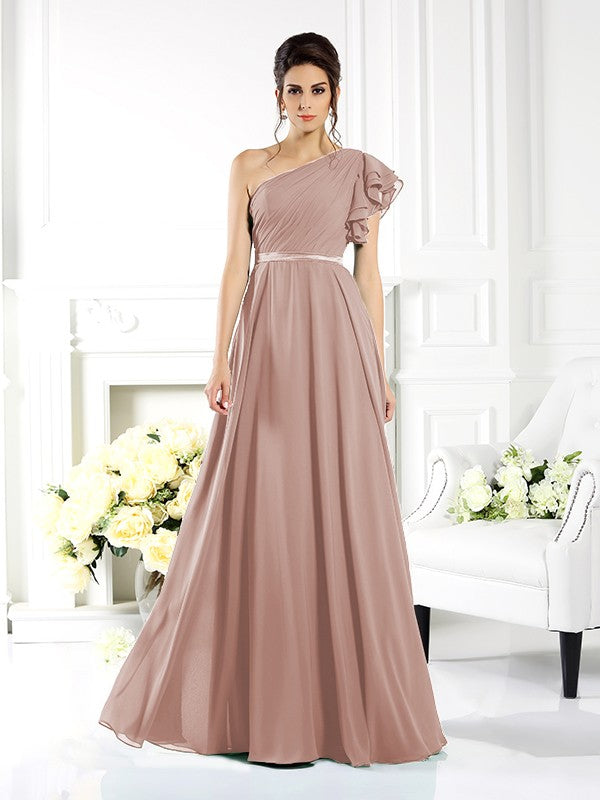 A-Line/Princess One-Shoulder Ruffles Sleeveless Long Chiffon Bridesmaid Dresses Evening Dress