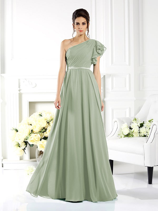 A-Line/Princess One-Shoulder Ruffles Sleeveless Long Chiffon Bridesmaid Dresses Evening Dress