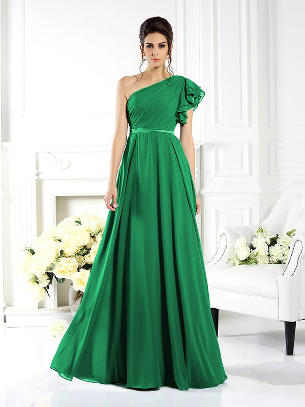 A-Line/Princess One-Shoulder Ruffles Sleeveless Long Chiffon Bridesmaid Dresses Evening Dress