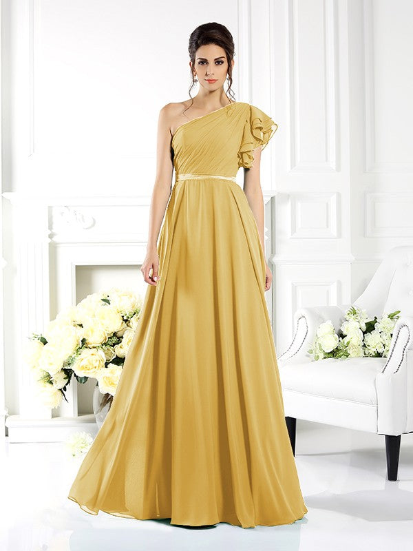 A-Line/Princess One-Shoulder Ruffles Sleeveless Long Chiffon Bridesmaid Dresses Evening Dress