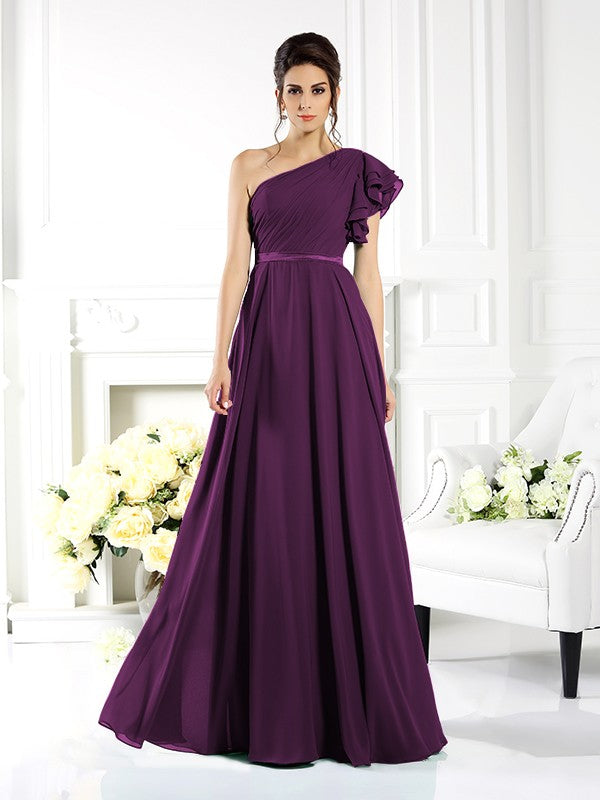 A-Line/Princess One-Shoulder Ruffles Sleeveless Long Chiffon Bridesmaid Dresses Evening Dress