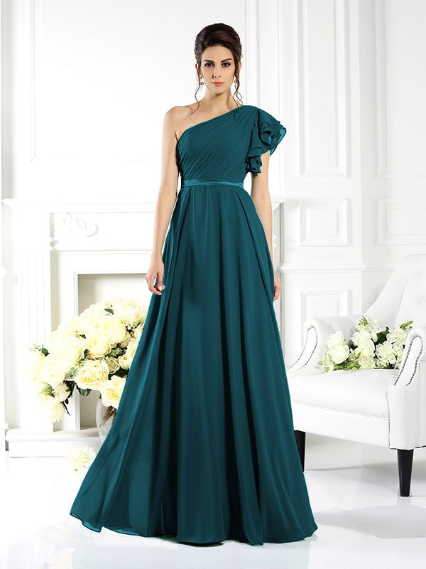 A-Line/Princess One-Shoulder Ruffles Sleeveless Long Chiffon Bridesmaid Dresses Evening Dress