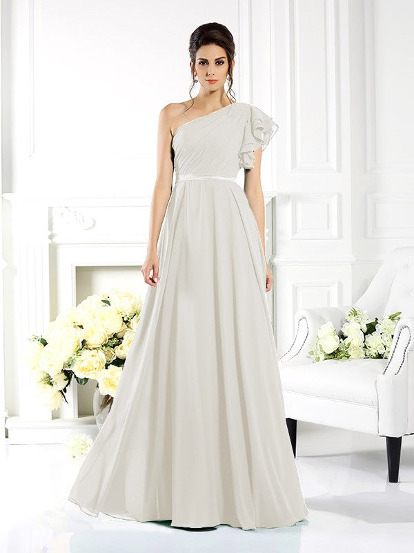 A-Line/Princess One-Shoulder Ruffles Sleeveless Long Chiffon Bridesmaid Dresses Evening Dress