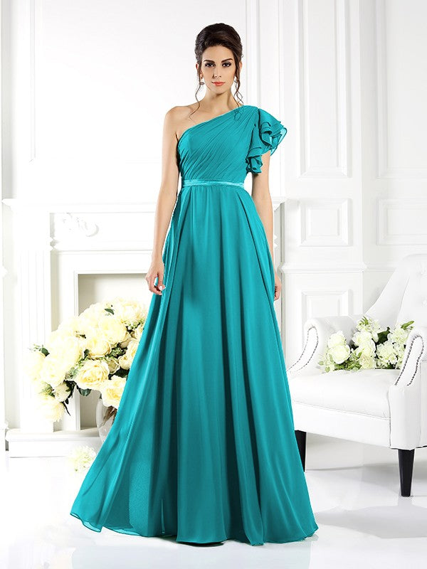 A-Line/Princess One-Shoulder Ruffles Sleeveless Long Chiffon Bridesmaid Dresses Evening Dress