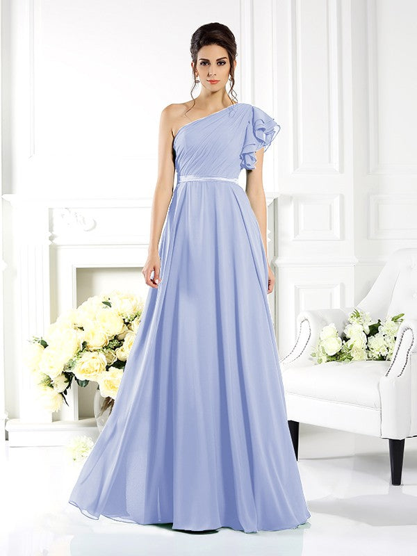A-Line/Princess One-Shoulder Ruffles Sleeveless Long Chiffon Bridesmaid Dresses Evening Dress