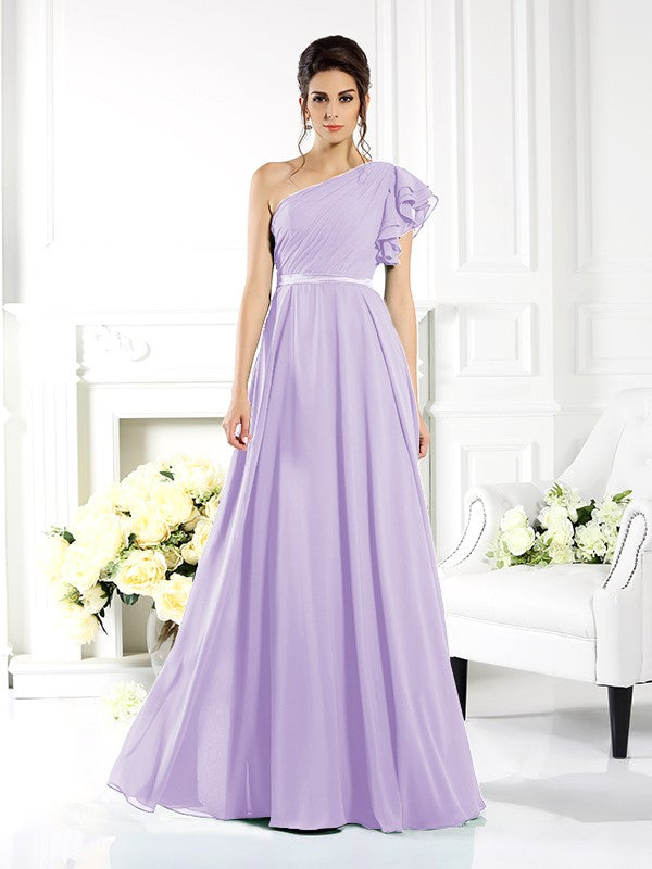A-Line/Princess One-Shoulder Ruffles Sleeveless Long Chiffon Bridesmaid Dresses Evening Dress