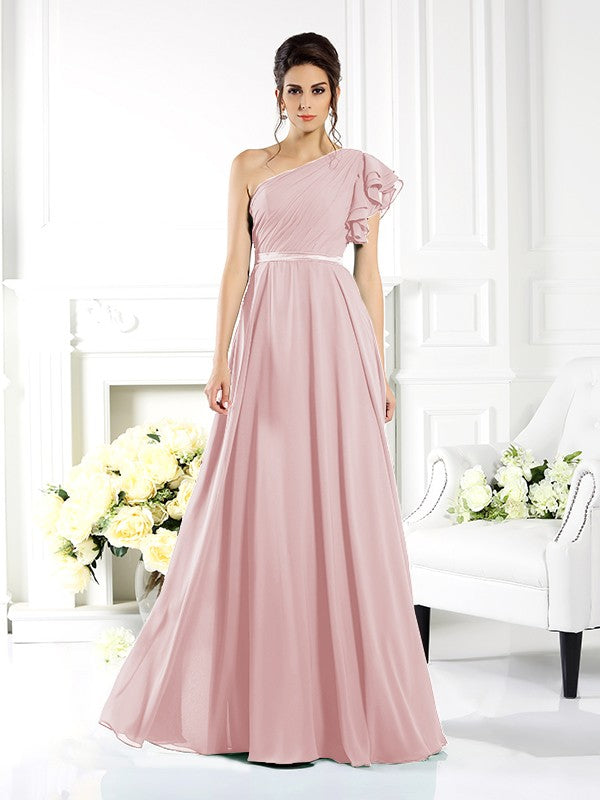 A-Line/Princess One-Shoulder Ruffles Sleeveless Long Chiffon Bridesmaid Dresses Evening Dress