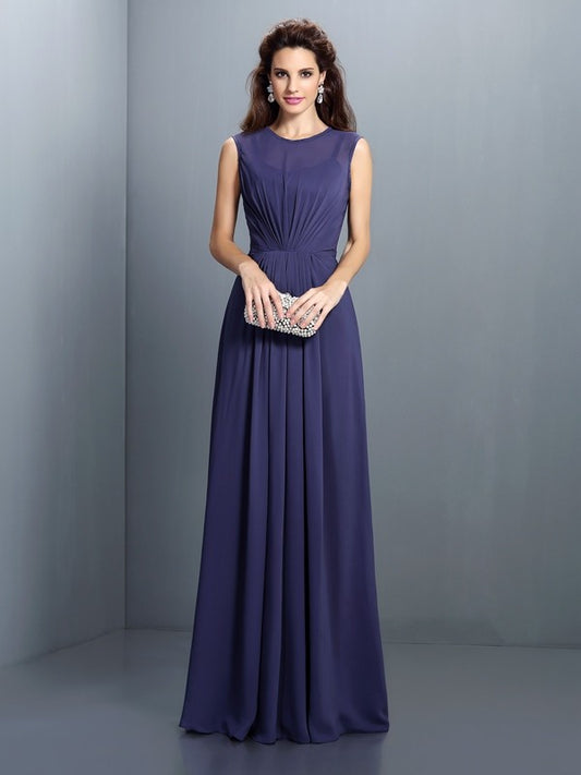 A-Line/Princess High Neck Pleats Sleeveless Long Chiffon Bridesmaid Dresses Evening Dress