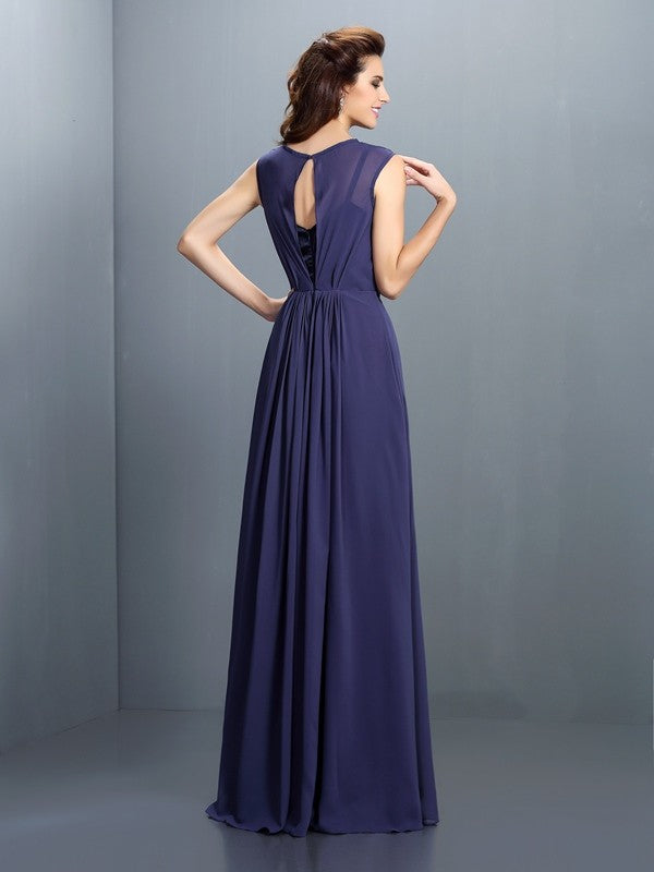 A-Line/Princess High Neck Pleats Sleeveless Long Chiffon Bridesmaid Dresses Evening Dress