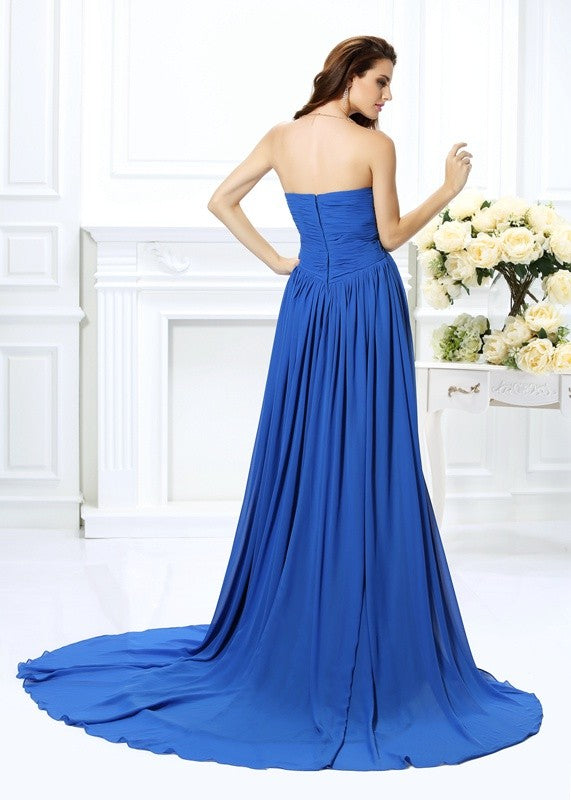 Vestido de noche de graduación de gasa largo sin mangas con escote corazón fruncido y corte A/princesa