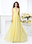 A-Line/Princess Halter Pleats Sleeveless Long Chiffon Bridesmaid Dresses Prom Evening Dress