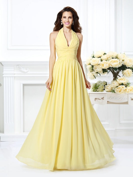 Vestido de dama de honor largo de gasa sin mangas con cuello halter, corte princesa, plisado, para fiesta de noche