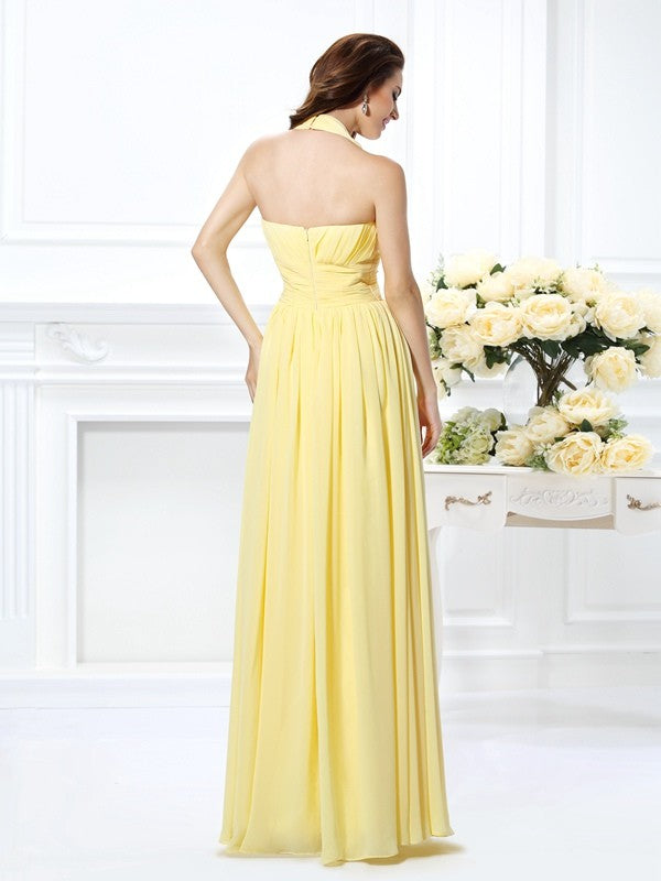 A-Line/Princess Halter Pleats Sleeveless Long Chiffon Bridesmaid Dresses Prom Evening Dress