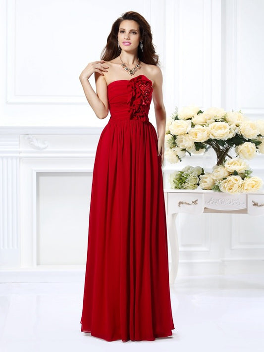 A-Line/Princess Strapless Hand-Made Flower Sleeveless Long Chiffon Bridesmaid Dresses Evening Prom Dress