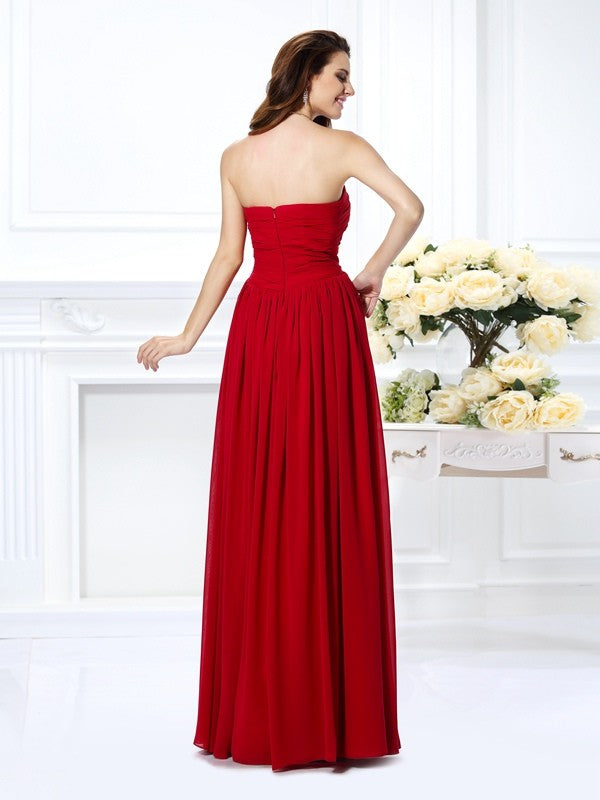 A-Line/Princess Strapless Hand-Made Flower Sleeveless Long Chiffon Bridesmaid Dresses Evening Prom Dress
