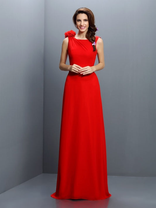 A-Linie/Princess-Linie Bateau-Ausschnitt Handgemachte Blume Ärmellos Lange Chiffon Brautjungfernkleider Abendkleid